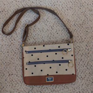 Fossil Womens Passport Top Zip Crossbody Bag Khaki Blue Polka Dot